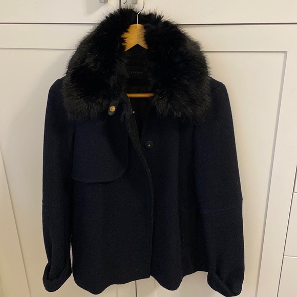 Zara Jackets & Blazers - Navy pea coat with detachable faux fur collar